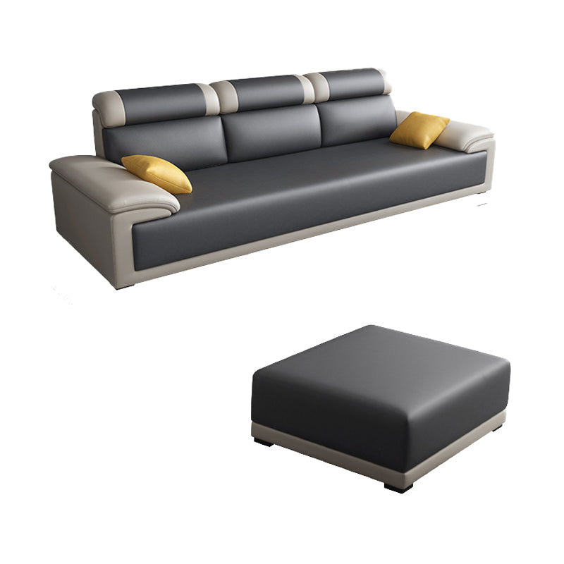 Contemporary Grey Sectional Sofa with Pillow Top Arm in Faux Leather 3-Seater Sofa with Ottoman 87"L x 35"W x 39"H Clearhalo 'furn' 'furn_sectionals' 'Furniture' 'Living Room Furniture' 'Sectionals' 6567234