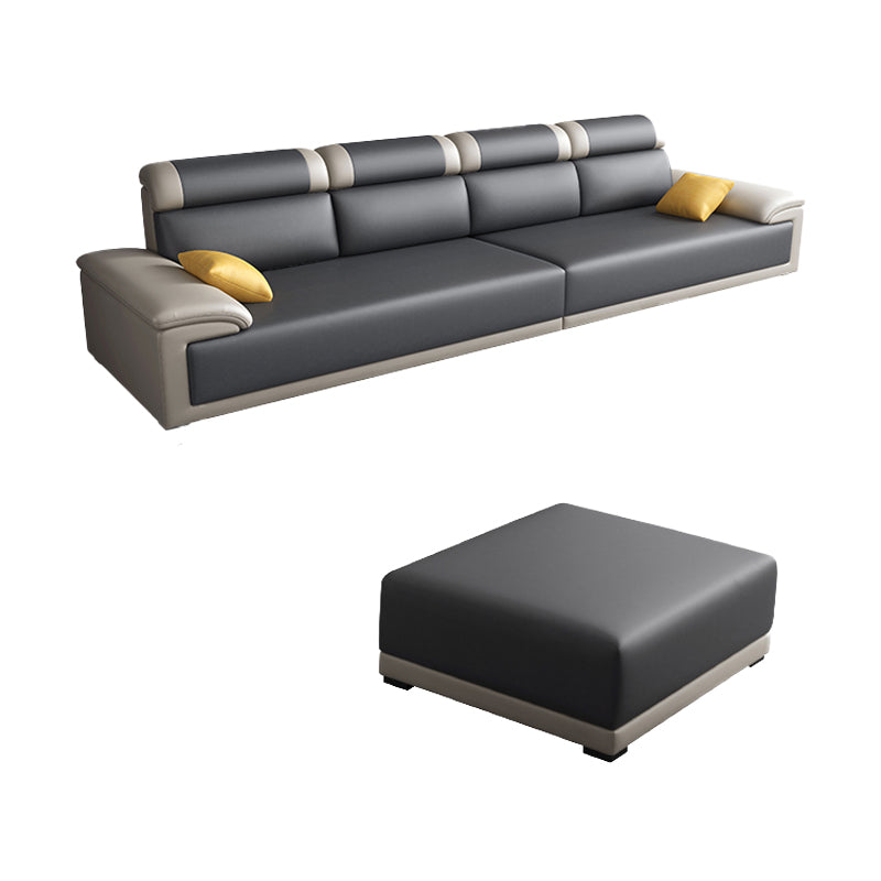 Contemporary Grey Sectional Sofa with Pillow Top Arm in Faux Leather 4-Seater Sofa with Ottoman 134"L x 35"W x 39"H Clearhalo 'furn' 'furn_sectionals' 'Furniture' 'Living Room Furniture' 'Sectionals' 6567236