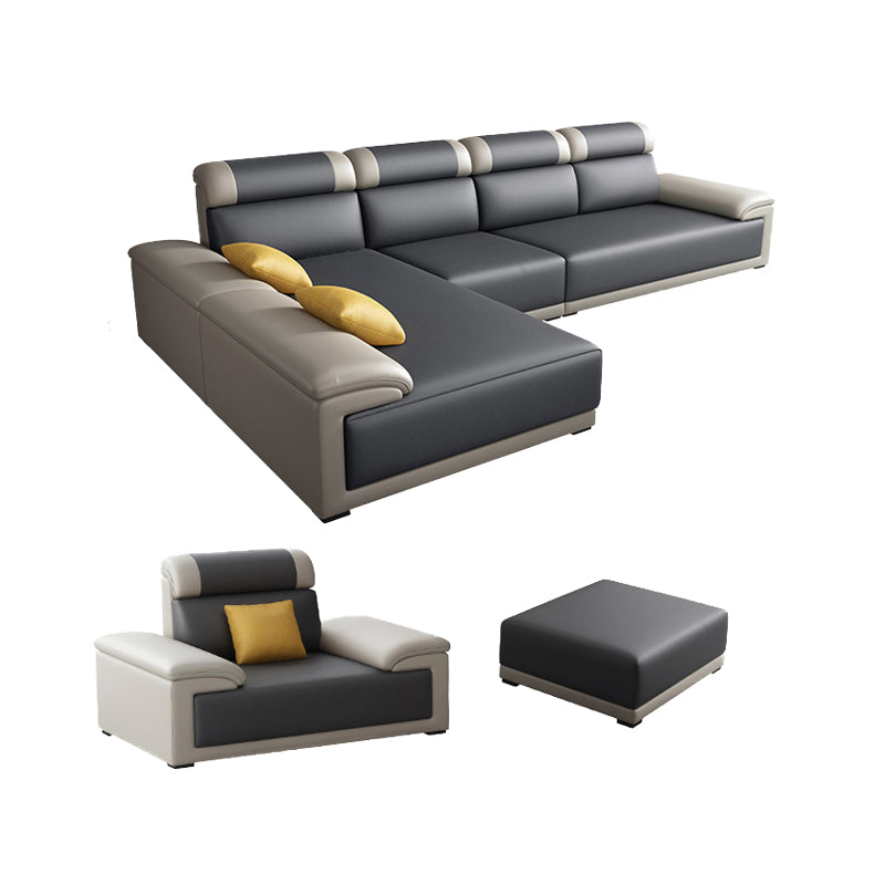 Contemporary Grey Sectional Sofa with Pillow Top Arm in Faux Leather 5 piece Set 134"L x 71"W x 39"H Clearhalo 'furn' 'furn_sectionals' 'Furniture' 'Living Room Furniture' 'Sectionals' 6567238