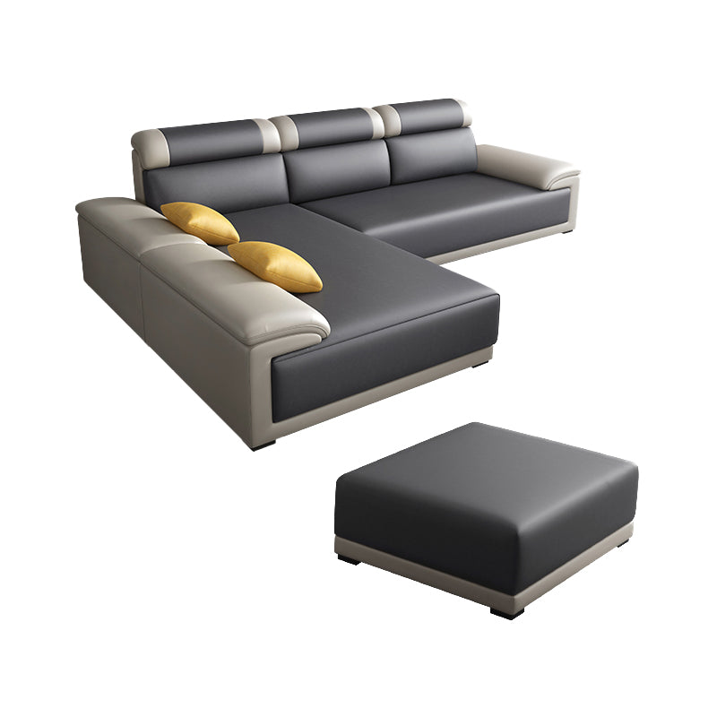 Contemporary Grey Sectional Sofa with Pillow Top Arm in Faux Leather 2-Seater Sofa & Chaise Lounge & Ottoman 106"L x 71"W x 39"H Clearhalo 'furn' 'furn_sectionals' 'Furniture' 'Living Room Furniture' 'Sectionals' 6567240