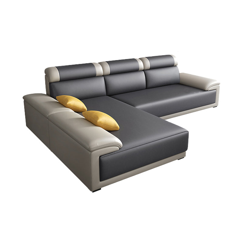 Contemporary Grey Sectional Sofa with Pillow Top Arm in Faux Leather 2-Seater Sofa with Chaise Lounge 106"L x 71"W x 39"H Clearhalo 'furn' 'furn_sectionals' 'Furniture' 'Living Room Furniture' 'Sectionals' 6567246