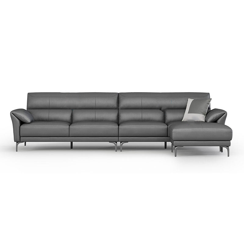 34"H Mission Craftsman Sectional Sofa Genuine Leather Sleeper Sectional 129"L x 63"W x 35"H Genuine Leather Dark Gray Clearhalo 'furn' 'furn_sectionals' 'Furniture' 'Living Room Furniture' 'Sectionals' 6567628