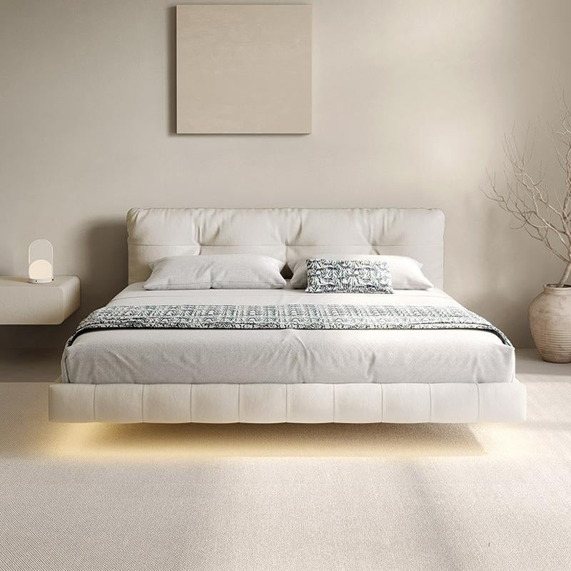 Genuine Leather Upholstered Platform Bed Light Beige Bed Frame California King Wood Metal Lights Included Clearhalo 'Bedroom Furniture' 'Beds' 'furn' 'furn_beds' 'Furniture' 6567943