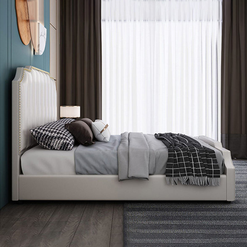 Luxurious Leather Bed Beige Upholstered Bed Frame with Nailhead Trim Clearhalo 'Bedroom Furniture' 'Beds' 'furn' 'furn_beds' 'Furniture' 6568033