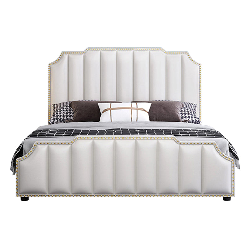 Luxurious Leather Bed Beige Upholstered Bed Frame with Nailhead Trim Panel Single Bed Unavailable Clearhalo 'Bedroom Furniture' 'Beds' 'furn' 'furn_beds' 'Furniture' 6568034