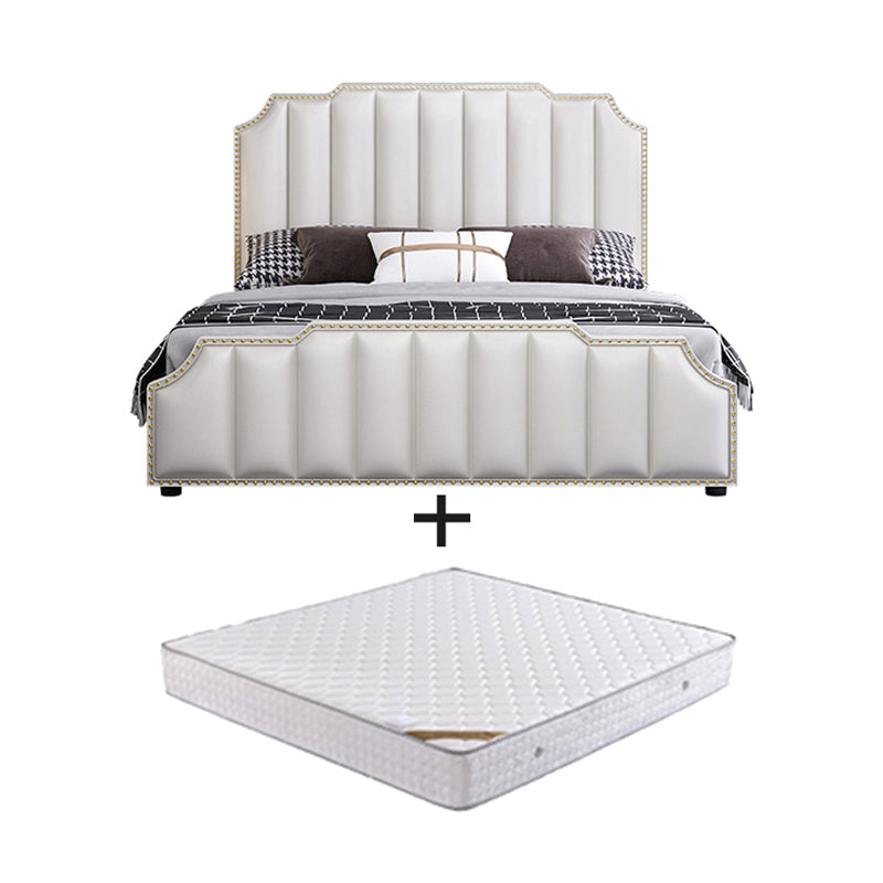 Luxurious Leather Bed Beige Upholstered Bed Frame with Nailhead Trim Panel Bed & Mattress Latex Clearhalo 'Bedroom Furniture' 'Beds' 'furn' 'furn_beds' 'Furniture' 6568039