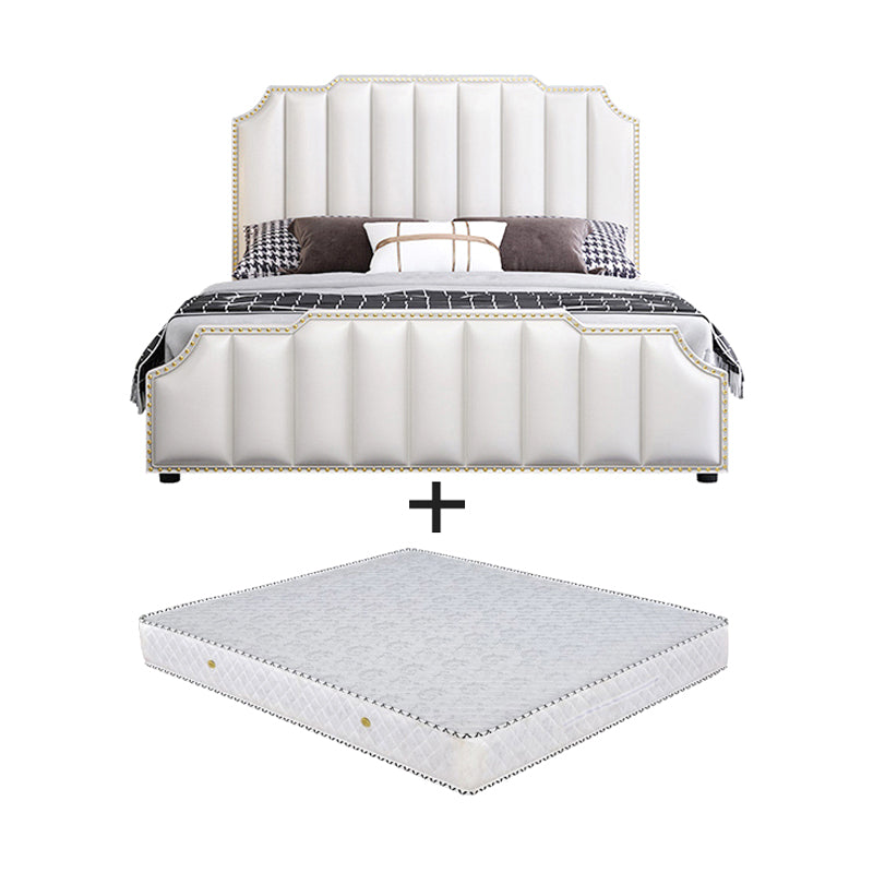 Luxurious Leather Bed Beige Upholstered Bed Frame with Nailhead Trim Panel Bed & Mattress Coir Clearhalo 'Bedroom Furniture' 'Beds' 'furn' 'furn_beds' 'Furniture' 6568040