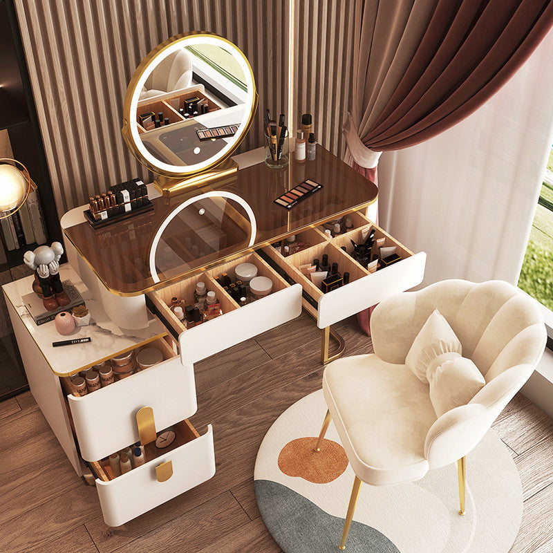 Tavolo da toeletta in legno per trucco top in vetro con cassetti di stoccaggio