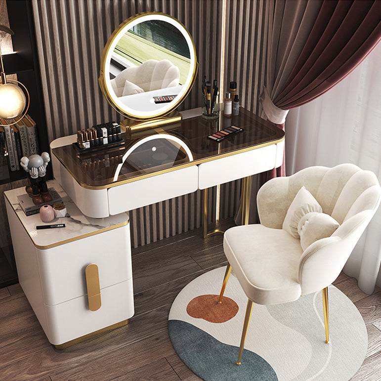 Tavolo da toeletta in legno per trucco top in vetro con cassetti di stoccaggio