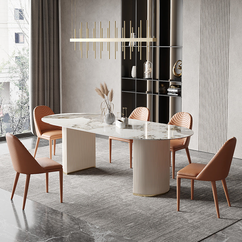 Glam Oval Dining Table Stone Top Dining Table with Double Pedestal in White 63"L x 31.5"W x 29.5"H Without Chairs Clearhalo 'Dining Tables & Seating' 'Dining Tables' 'dining_table' 'furn' 'furn_dining_table' 'Furniture' 'Kitchen & Dining Furniture' 6569694