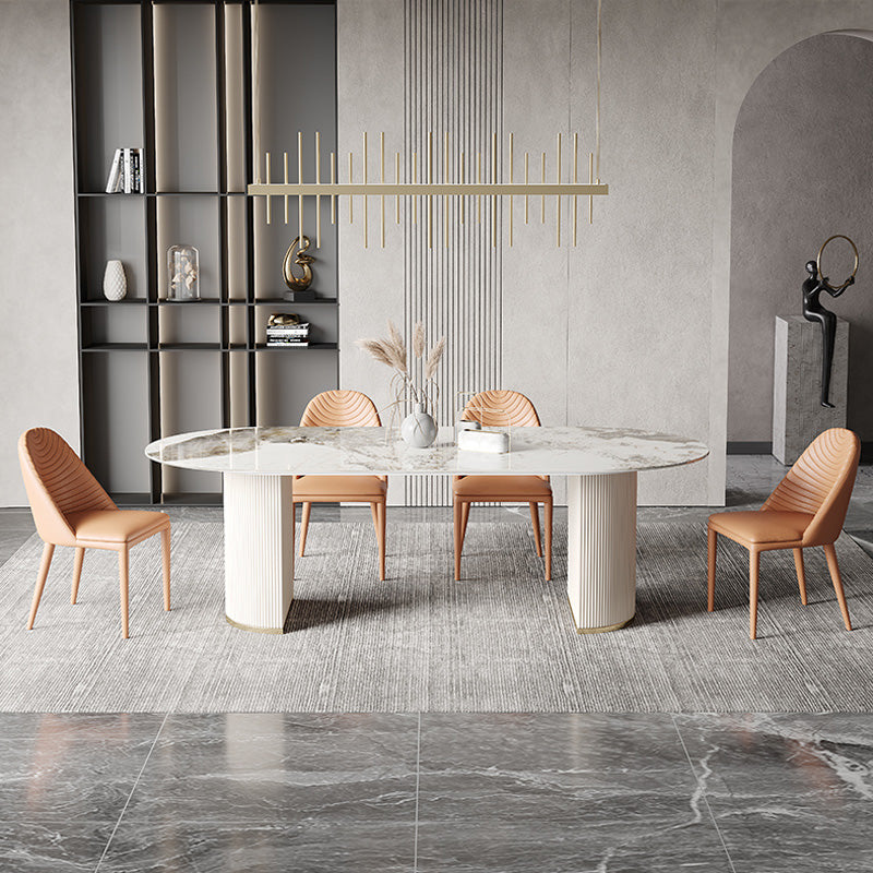 Glam Oval Dining Table Stone Top Dining Table with Double Pedestal in White 55.1"L x 31.5"W x 29.5"H Without Chairs Clearhalo 'Dining Tables & Seating' 'Dining Tables' 'dining_table' 'furn' 'furn_dining_table' 'Furniture' 'Kitchen & Dining Furniture' 6569695