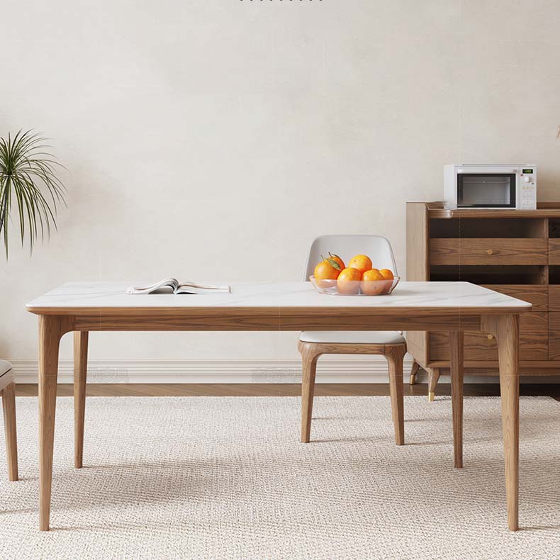 White Stone Top Table with Ash Wood Legs Mid-Century Modern Dining Table