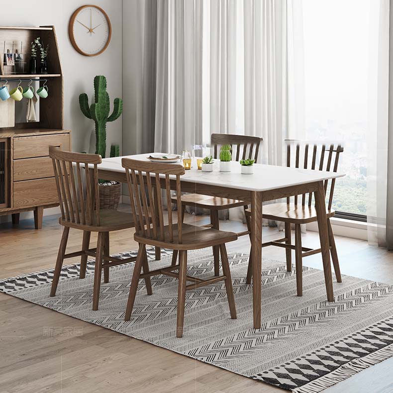 Massief houten frame eettafel uit het midden van de eeuw Witte stenen tafel