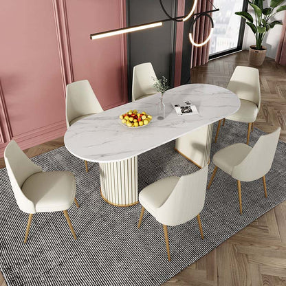 Traditional Luxury Oval Dining Table White Stone Top Dinette Table for Home Beige 55.1"L x 31.5"W x 29.5"H Without Chairs Clearhalo 'Dining Tables & Seating' 'Dining Tables' 'dining_table' 'furn' 'furn_dining_table' 'Furniture' 'Kitchen & Dining Furniture' 6569978