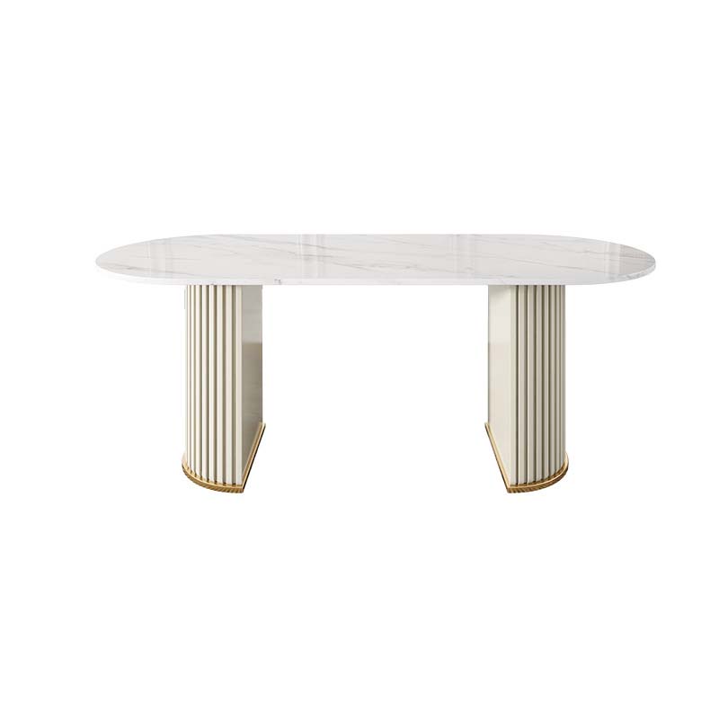 Traditional Luxury Oval Dining Table White Stone Top Dinette Table for Home Beige 78.7"L x 31.5"W x 29.5"H Without Chairs Clearhalo 'Dining Tables & Seating' 'Dining Tables' 'dining_table' 'furn' 'furn_dining_table' 'Furniture' 'Kitchen & Dining Furniture' 6569979