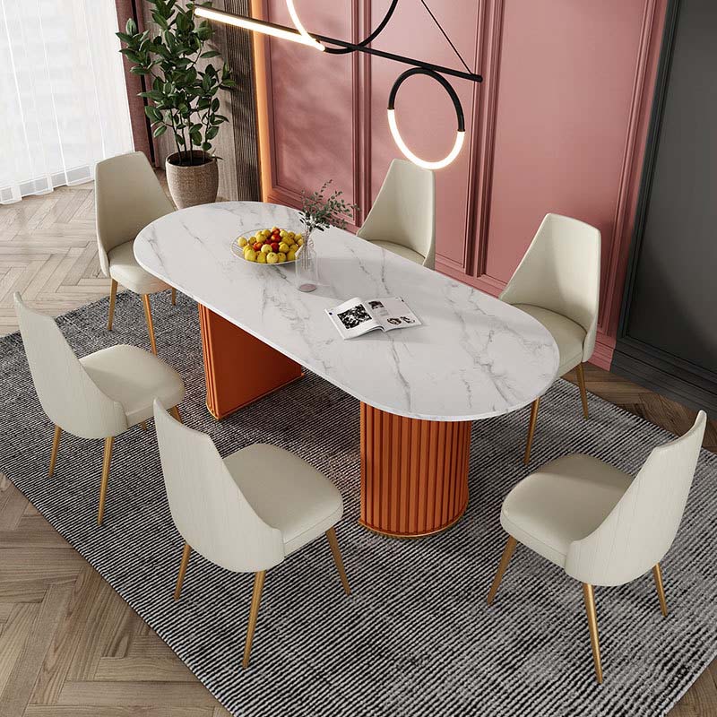 Traditional Luxury Oval Dining Table White Stone Top Dinette Table for Home Orange 63"L x 31.5"W x 29.5"H Without Chairs Clearhalo 'Dining Tables & Seating' 'Dining Tables' 'dining_table' 'furn' 'furn_dining_table' 'Furniture' 'Kitchen & Dining Furniture' 6569980