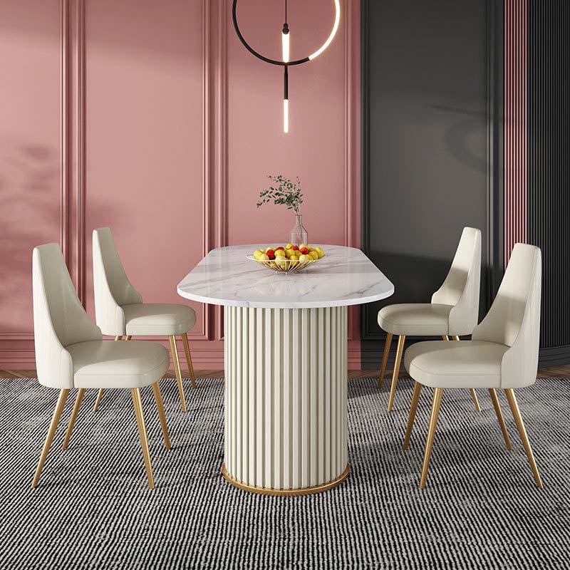 Traditional Luxury Oval Dining Table White Stone Top Dinette Table for Home Beige 70.9"L x 31.5"W x 29.5"H Without Chairs Clearhalo 'Dining Tables & Seating' 'Dining Tables' 'dining_table' 'furn' 'furn_dining_table' 'Furniture' 'Kitchen & Dining Furniture' 6569982