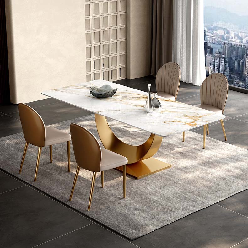 Glam Style Dining Sintered Stone Table Dining Rectangle Table with Metal Legs Gold 63"L x 31.5"W x 29.5"H Without Chairs Clearhalo 'Dining Tables & Seating' 'Dining Tables' 'dining_table' 'furn' 'furn_dining_table' 'Furniture' 'Kitchen & Dining Furniture' 6570182