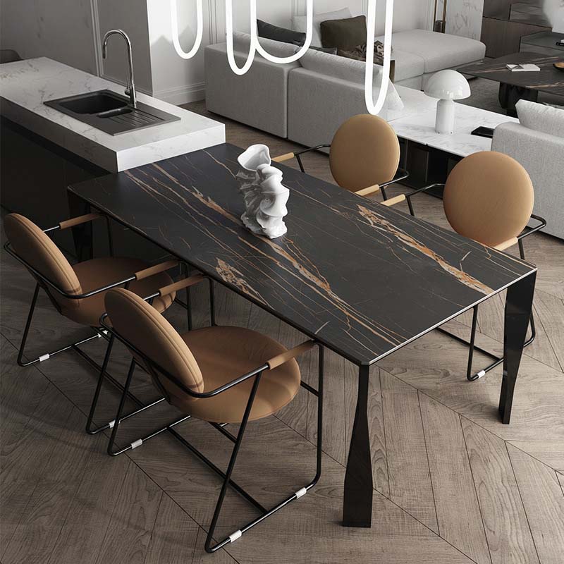 Industrial Style Dining Sintered Stone Table Dining Rectangle Table with Metal Legs Black 63"L x 31.5"W x 29.5"H Without Chairs Clearhalo 'Dining Tables & Seating' 'Dining Tables' 'dining_table' 'furn' 'furn_dining_table' 'Furniture' 'Kitchen & Dining Furniture' 6570192