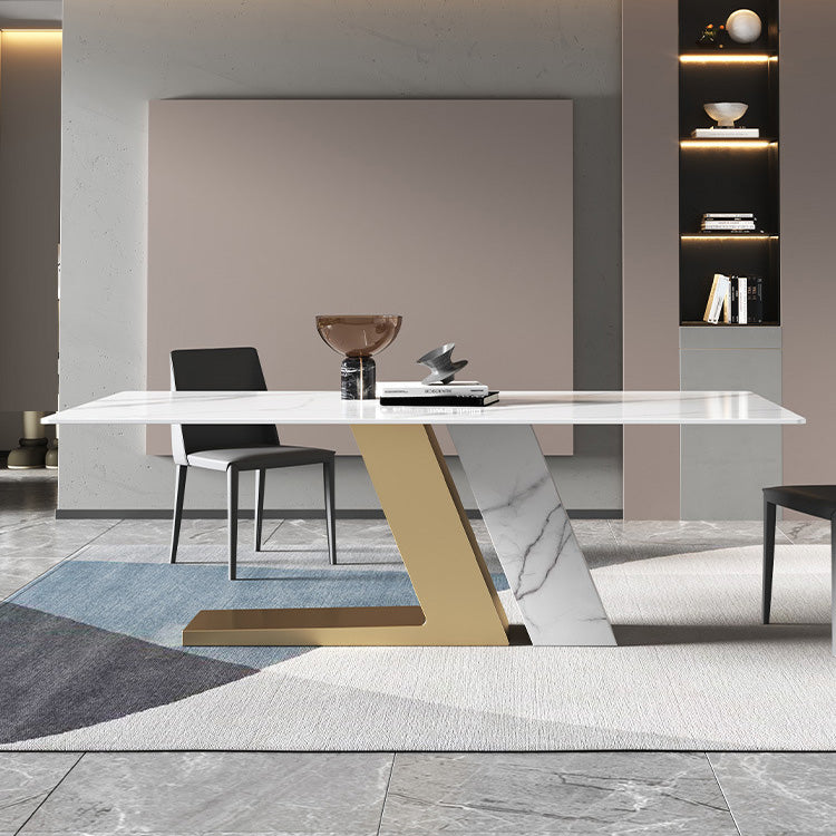 Glam Dining Rectangle Table Sintered Stone Table with Metal Legs for Home Use 63"L x 31.5"W x 29.5"H Without Chairs Clearhalo 'Dining Tables & Seating' 'Dining Tables' 'dining_table' 'furn' 'furn_dining_table' 'Furniture' 'Kitchen & Dining Furniture' 6570357