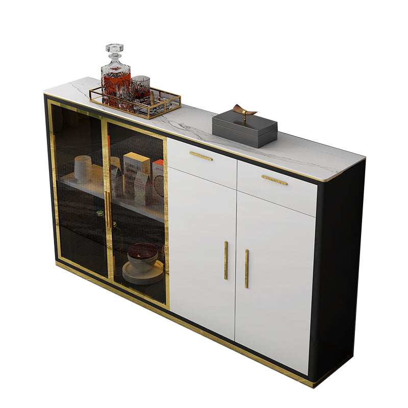 Tavolo di sideboard glam con cassetti in pietra e server da pranzo in legno