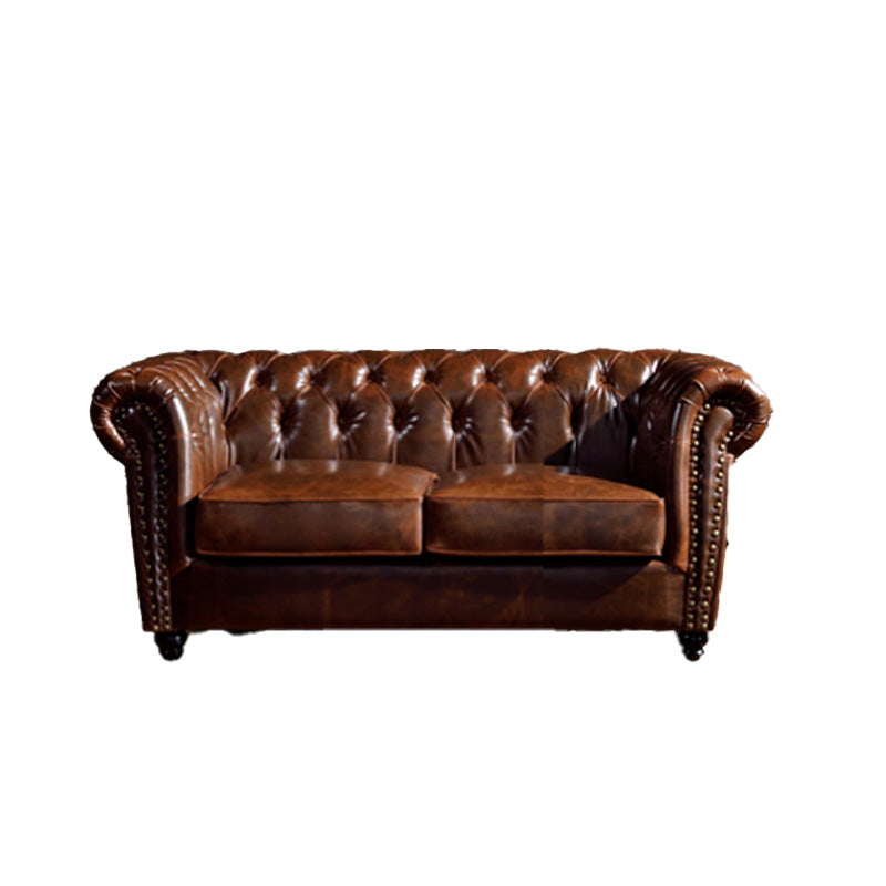 Traditional Flared Arm Sofa Tufted Cushions Seating in Dark Brown 62"L x 33"W x 27"H Clearhalo 'furn' 'furn_sofas' 'Furniture' 'Living Room Furniture' 'Sofa' 'sofas' 6582935