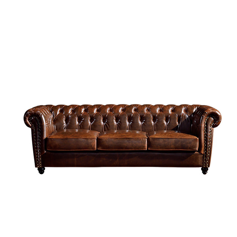 Traditional Flared Arm Sofa Tufted Cushions Seating in Dark Brown 84"L x 33"W x 27"H Clearhalo 'furn' 'furn_sofas' 'Furniture' 'Living Room Furniture' 'Sofa' 'sofas' 6582937
