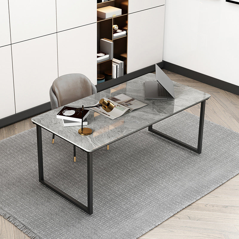 Stone Rectangular Writing Desk Modern 29.53" Tall Office Desk with Sled Base 63"L x 31.5"W x 29.5"H Gray-White Clearhalo 'furn' 'furn_office_desk' 'Furniture' 'Office Desks' 'Office Furniture' 'office_desk' 6589859