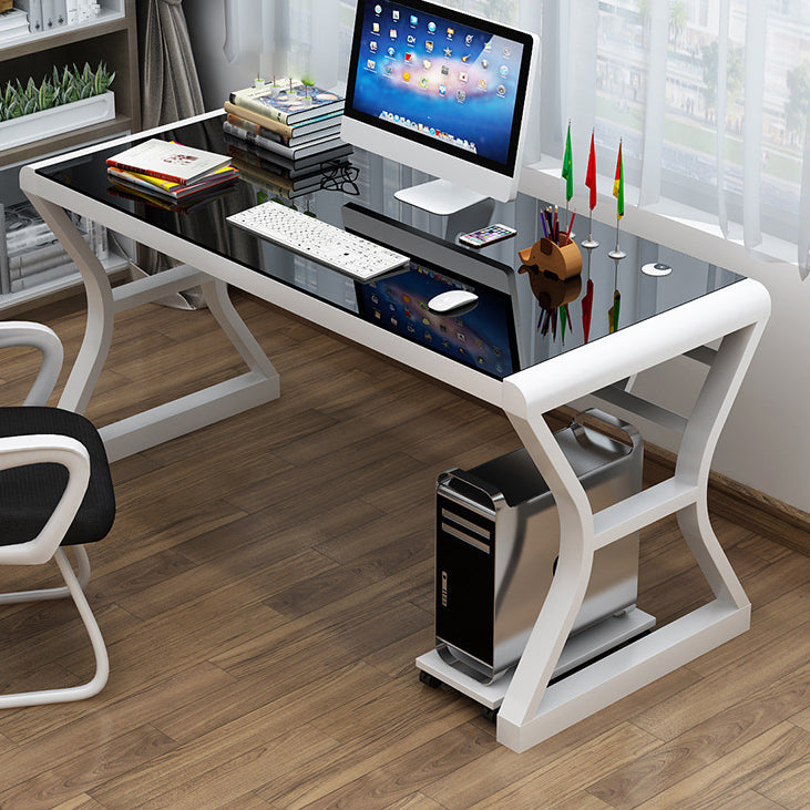 Glass Top Rectangular Office Desk 29.53-inch Tall Writing Desk 55.1"L x 23.6"W x 29.5"H White Black Clearhalo 'furn' 'furn_office_desk' 'Furniture' 'Office Desks' 'Office Furniture' 'office_desk' 6590254