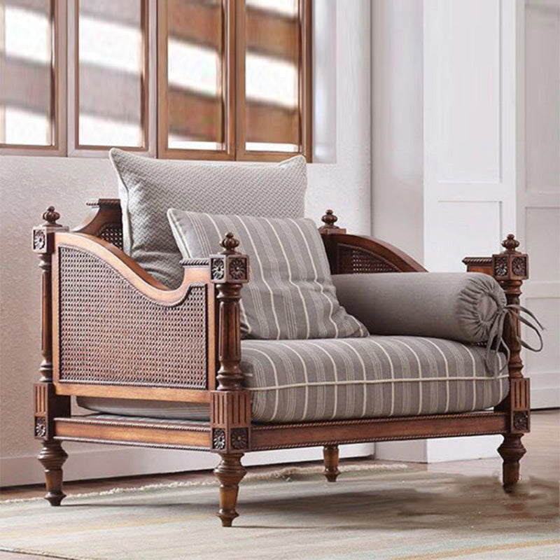 Farmhouse Seating Tuxedo Arm Sofa with Pillows Fabric and Wood in Brown