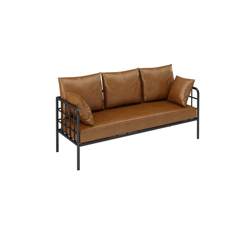Industrial Tuxedo Arm Sofa with Pillows Seating Leather and Metal