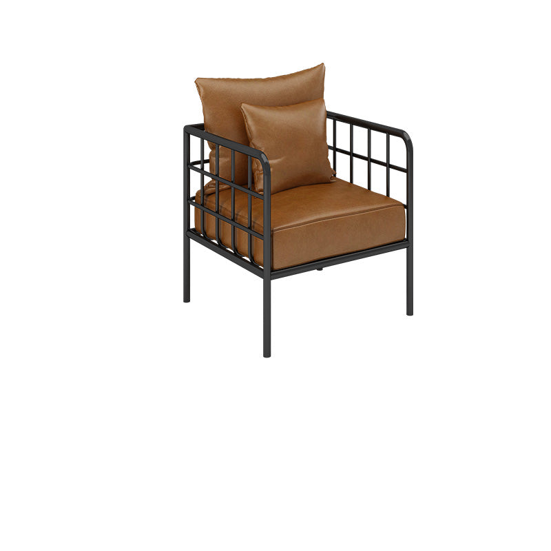 Industrial Tuxedo Arm Sofa with Pillows Seating Leather and Metal