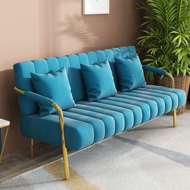 Recessed Arm Sofa Stain Velvet/Faux Leather Sofa with Pillows