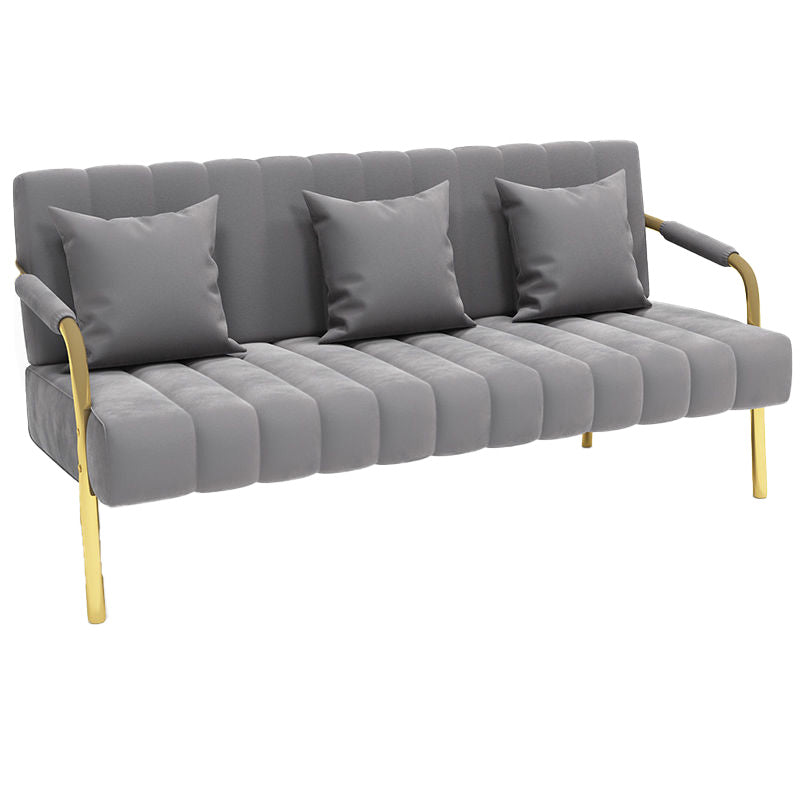 Recessed Arm Sofa Stain Velvet/Faux Leather Sofa with Pillows