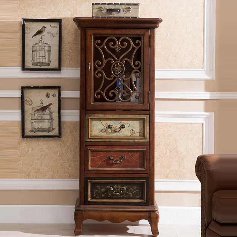 Door Cabinet Mid Century Distressed Solid Wood Storage Cabinet with Drawers 25.5"L x 14"W x 61"H Brown Clearhalo 'Cabinets & Chests' 'cabinets_chests' 'furn' 'furn_cabinets_chests' 'Furniture' 'Living Room Furniture' 6591700