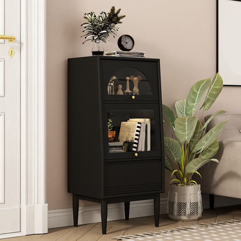2 - Door and 1 - Drawer Pine Wood Chest 43.3" Tall Glass Paned Side Cabinet Black Clearhalo 'Cabinets & Chests' 'cabinets_chests' 'furn' 'furn_cabinets_chests' 'Furniture' 'Living Room Furniture' 6591777