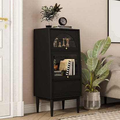 2 - Door and 1 - Drawer Pine Wood Chest 43.3" Tall Glass Paned Side Cabinet Black Clearhalo 'Cabinets & Chests' 'cabinets_chests' 'furn' 'furn_cabinets_chests' 'Furniture' 'Living Room Furniture' 6591777