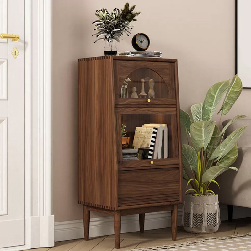 2 - Door and 1 - Drawer Pine Wood Chest 43.3" Tall Glass Paned Side Cabinet Nut-Brown Clearhalo 'Cabinets & Chests' 'cabinets_chests' 'furn' 'furn_cabinets_chests' 'Furniture' 'Living Room Furniture' 6591784