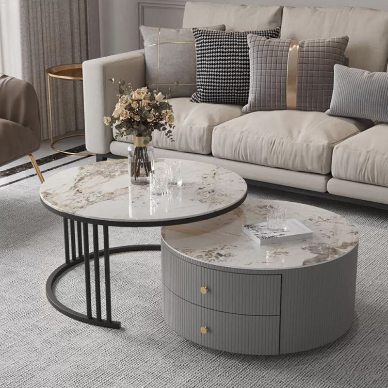 Modern Round End Table Living Room No Distressing Side Table with Drawers Marble Gray Clearhalo 'Coffee & Accent Tables' 'Coffee Tables' 'coffee_tables' 'furn' 'furn_coffee_tables' 'Furniture' 'Living Room Furniture' 6592056