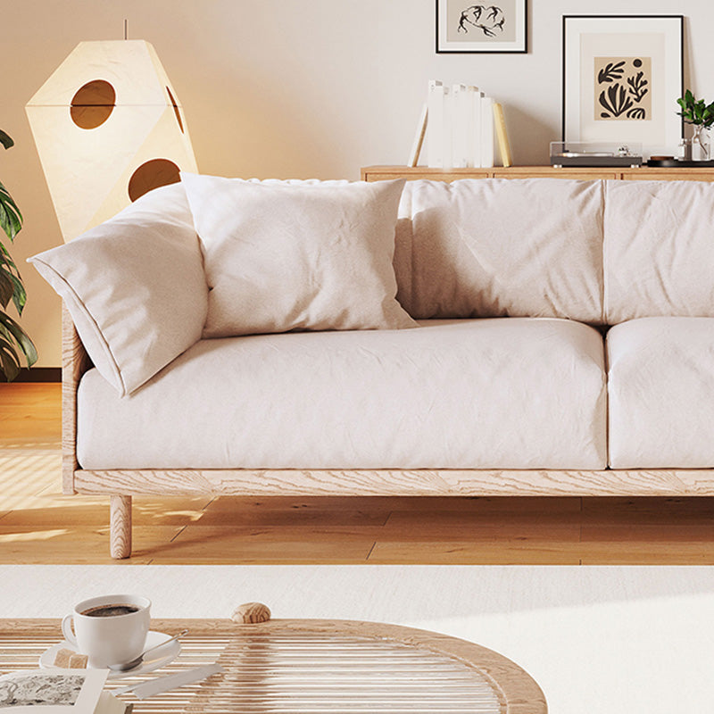 Scandinavische losse achterbank met kussen bovenarm in massief hout en linnen