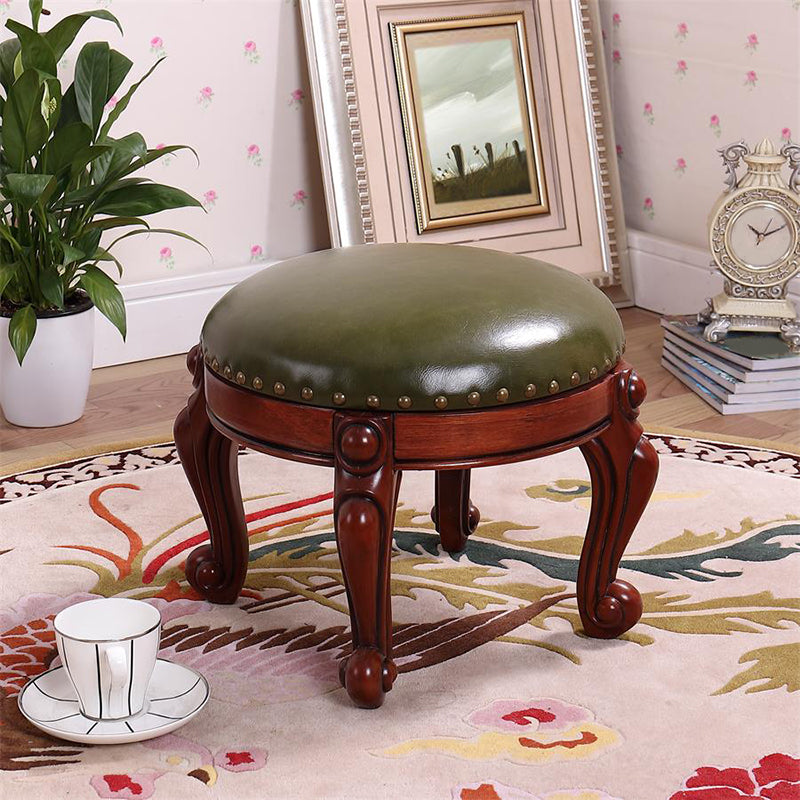 Mid-Century Modern Ottoman Genuine Leather Upholstered Nailhead Trim Round Ottoman Green 1 Piece Clearhalo 'furn' 'furn_ottomans_poufs' 'Furniture' 'Living Room Furniture' 'Ottomans & Poufs' 'ottomans_poufs' 6592449