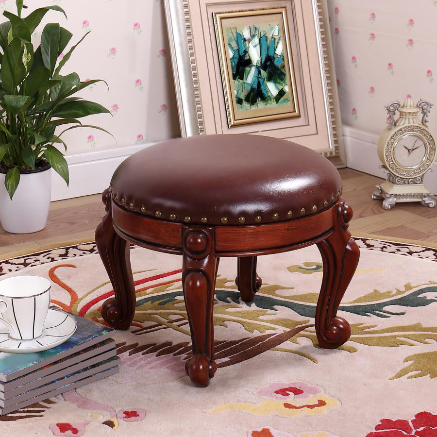 Mid-Century Modern Ottoman Genuine Leather Upholstered Nailhead Trim Round Ottoman Brown 1 Piece Clearhalo 'furn' 'furn_ottomans_poufs' 'Furniture' 'Living Room Furniture' 'Ottomans & Poufs' 'ottomans_poufs' 6592465