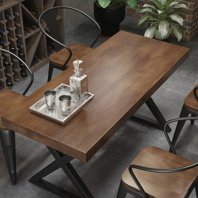Industrial Rectangle Dining Table Pine Solid Wood Top Dining Table with Double Pedestal