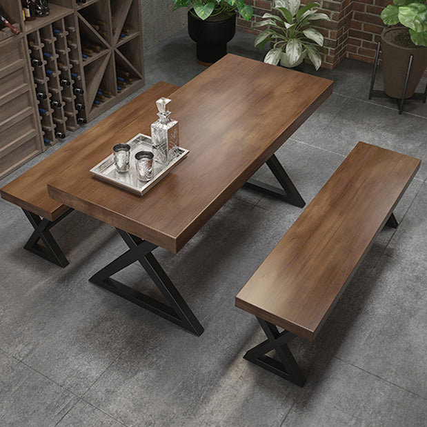 Industrial Rectangle Dining Table Pine Solid Wood Top Dining Table with Double Pedestal