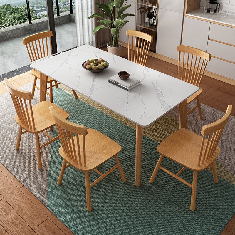 Rectangle Stone Dining Table Rubberwood Solid Wood Legs Dining Table
