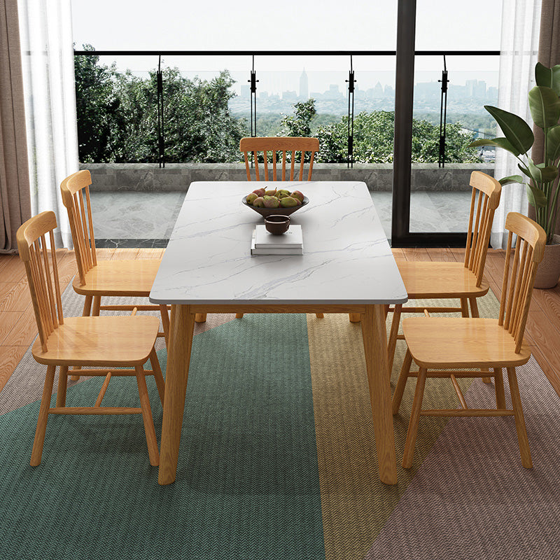 Rectangle Stone Dining Table Rubberwood Solid Wood Legs Dining Table