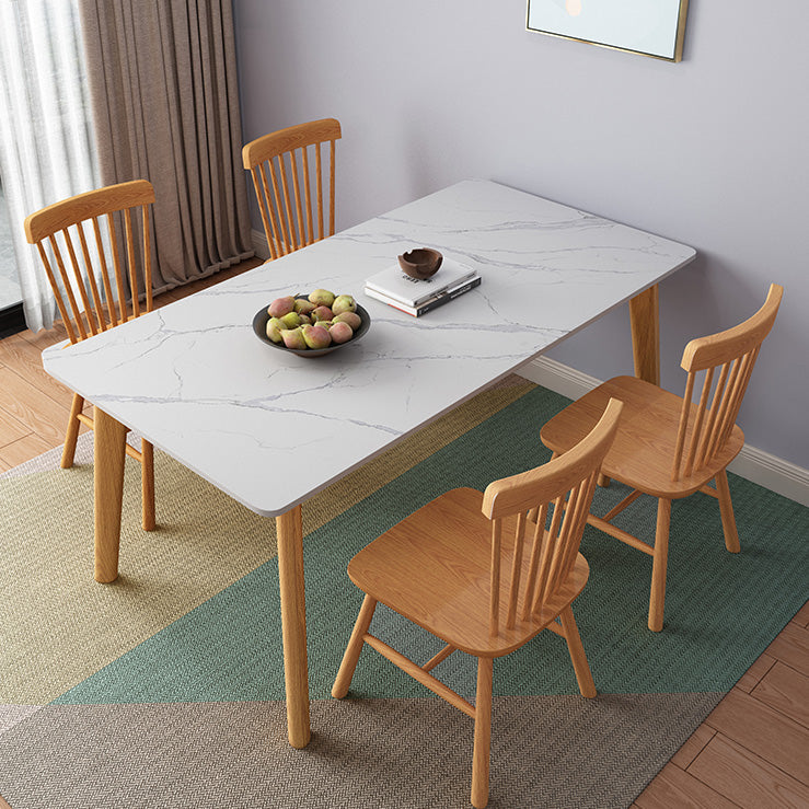 Rectangle Stone Dining Table Rubberwood Solid Wood Legs Dining Table
