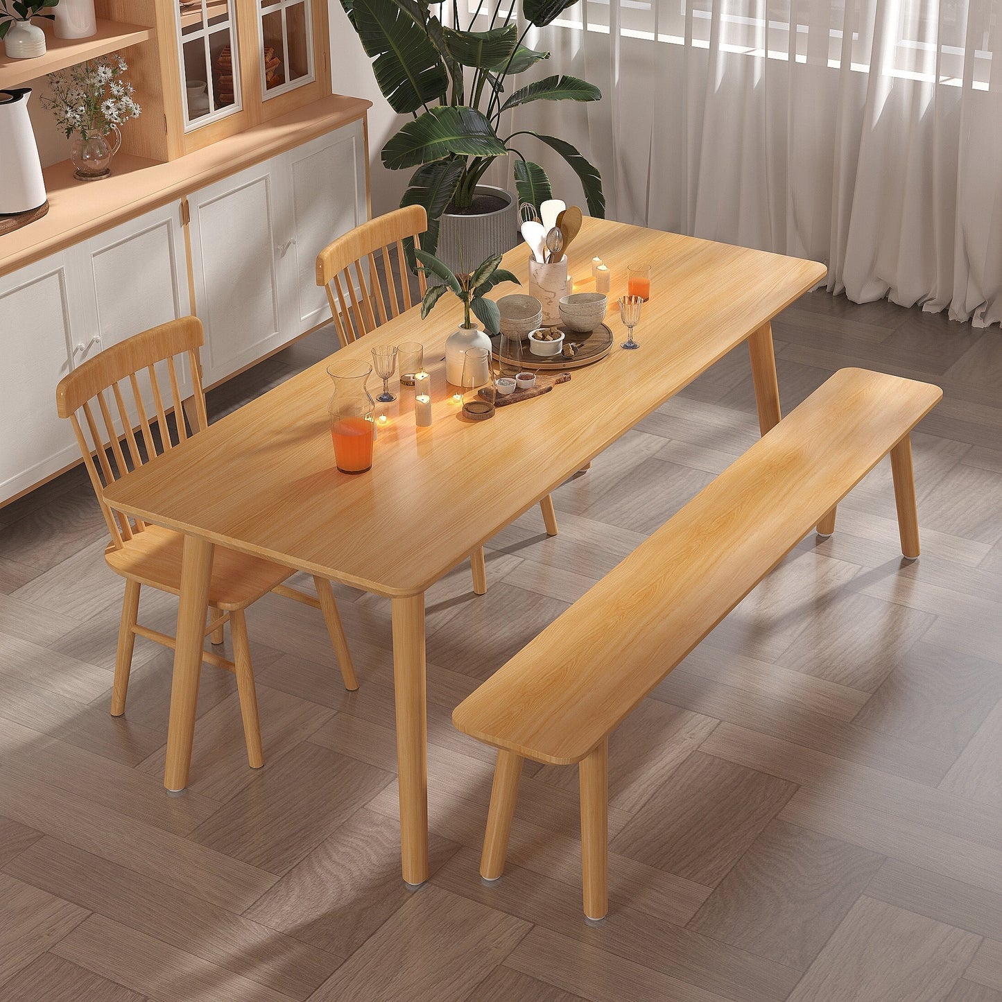 Mesa de comedor rectangular de madera maciza de pino con patas con acabado natural