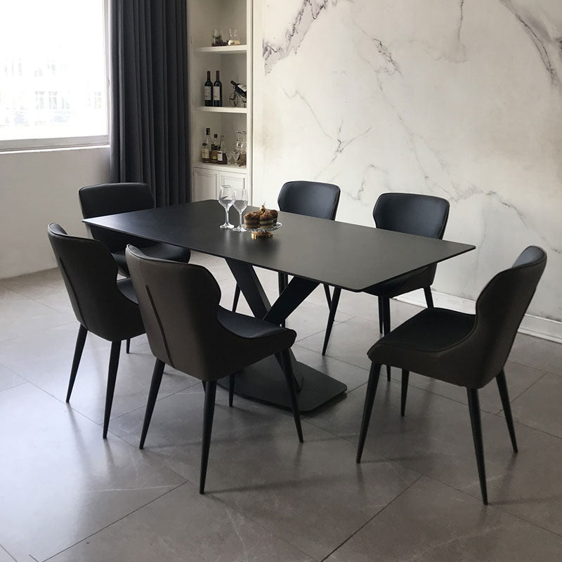 Contemporary Black Stone Dining Set 1/4/7 Pieces Rectangle Dining Table Set 7 Pieces: Table, 6 Dark-blue Chairs Clearhalo 'Dining Room Sets' 'Dining Tables & Seating' 'dining_room_set' 'furn' 'furn_dining_room_set' 'Furniture' 'Kitchen & Dining Furniture' 6592955