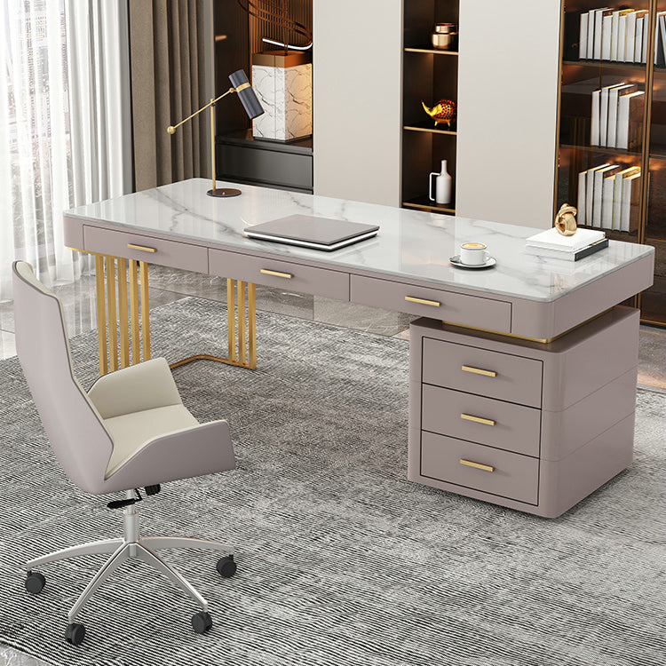 29.25-inch Height Classic Glam Office Desk Curved Stone Writing Desk 63"L x 27.6"W x 29.5"H Clearhalo 'furn' 'furn_office_desk' 'Furniture' 'Office Desks' 'Office Furniture' 'office_desk' 6599609